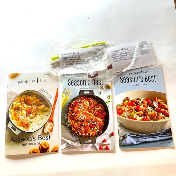 The Pampered Chef Other - NEW Pampered Chef Tool Lot 5 Seasons Best Cookbooks Citrus Onion Peeler Brush